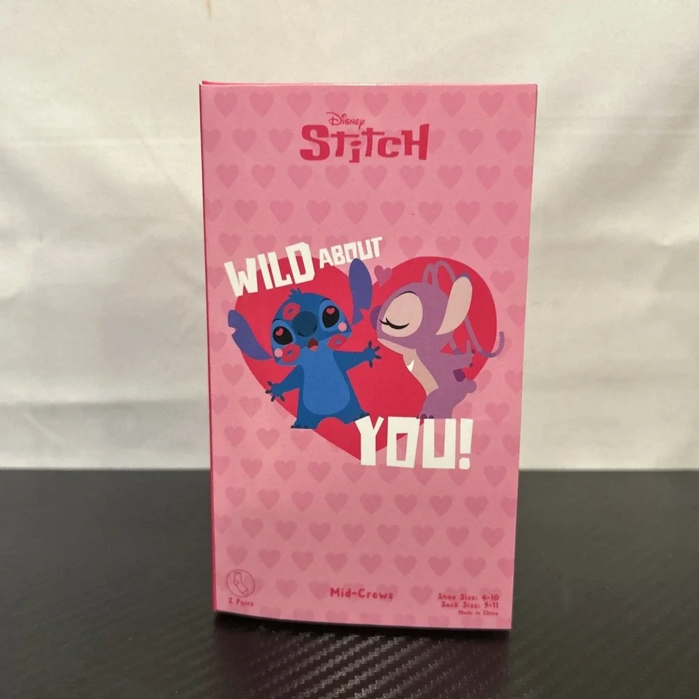 Disney Stitch & Angel Valentine's Day Crew Socks Pink & White‎ Women's 2 Pairs